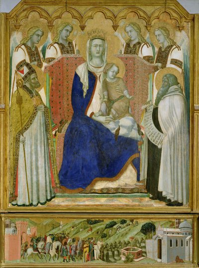 The Carmine Altarpiece, central panel depicting the Virgin and Child with angels, St. Nicholas and the prophet, Elijah, 1329 by Pietro Lorenzetti